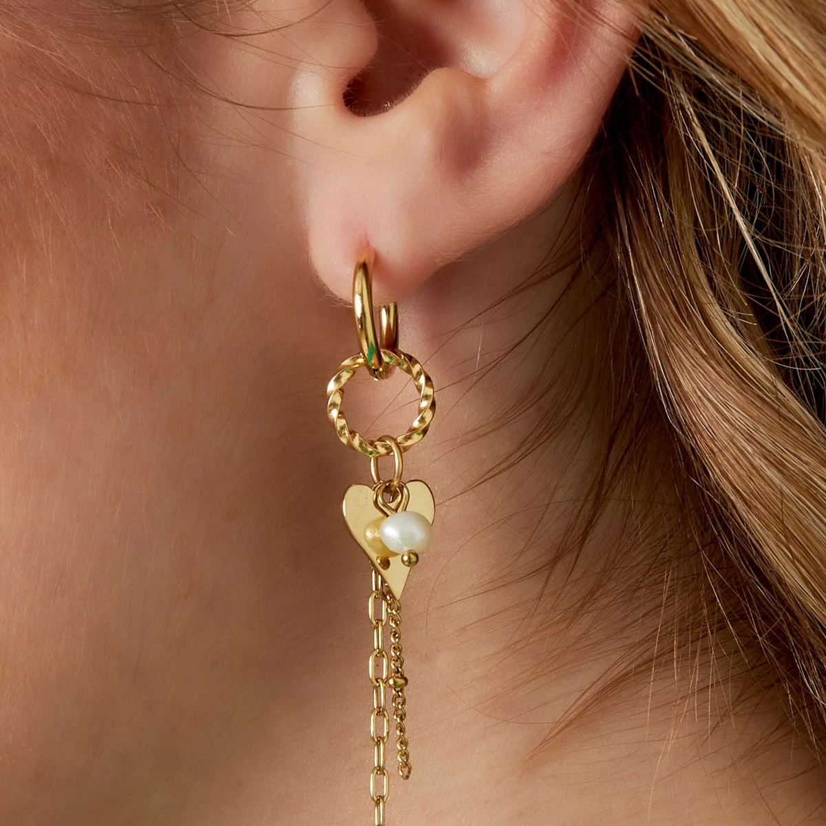 Gold Tone Heart Party Earrings with Chains