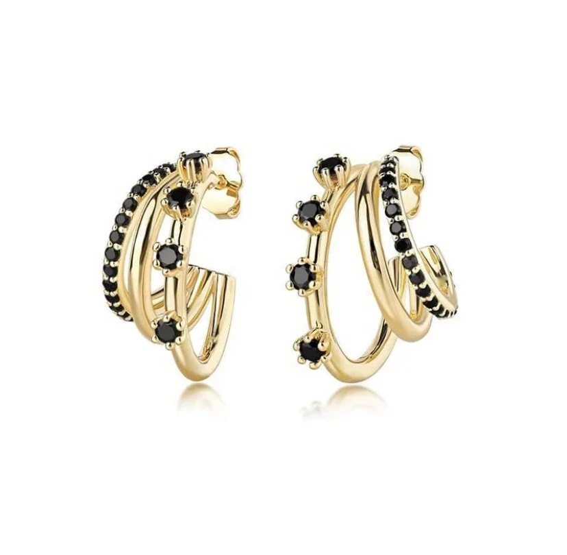 Triple stud earrings with black stone