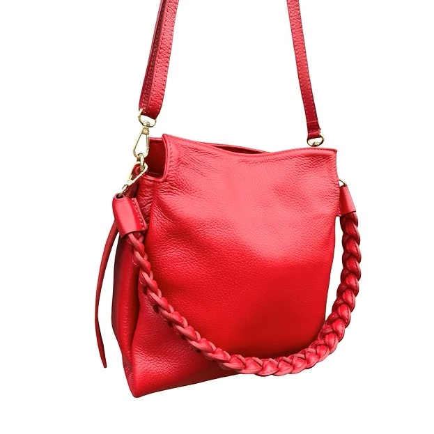 Rode lederen handtas met gevlochten handvat - vooraanzicht