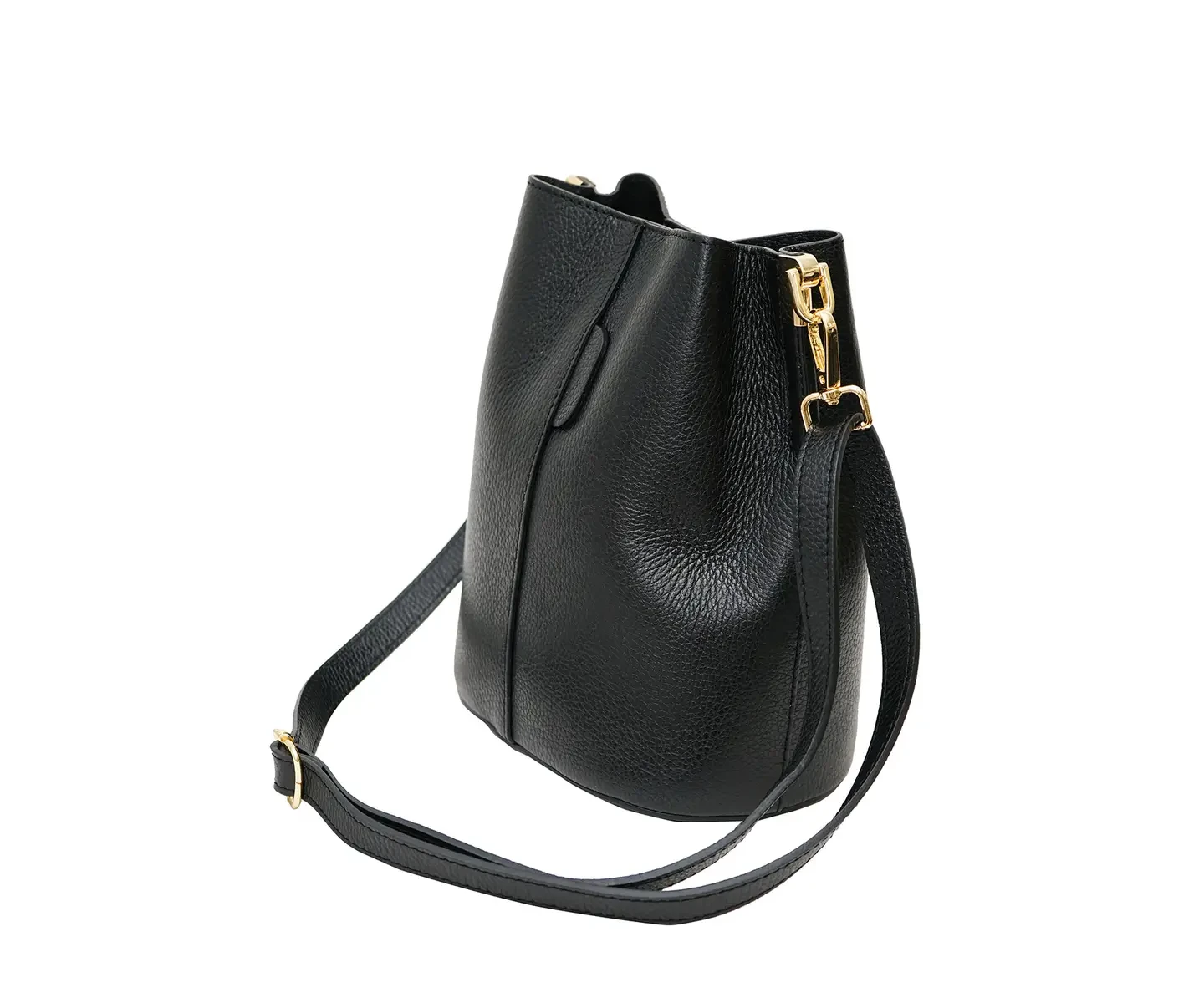 Zwarte lederen bucket schoudertas Lili - zijaanzicht