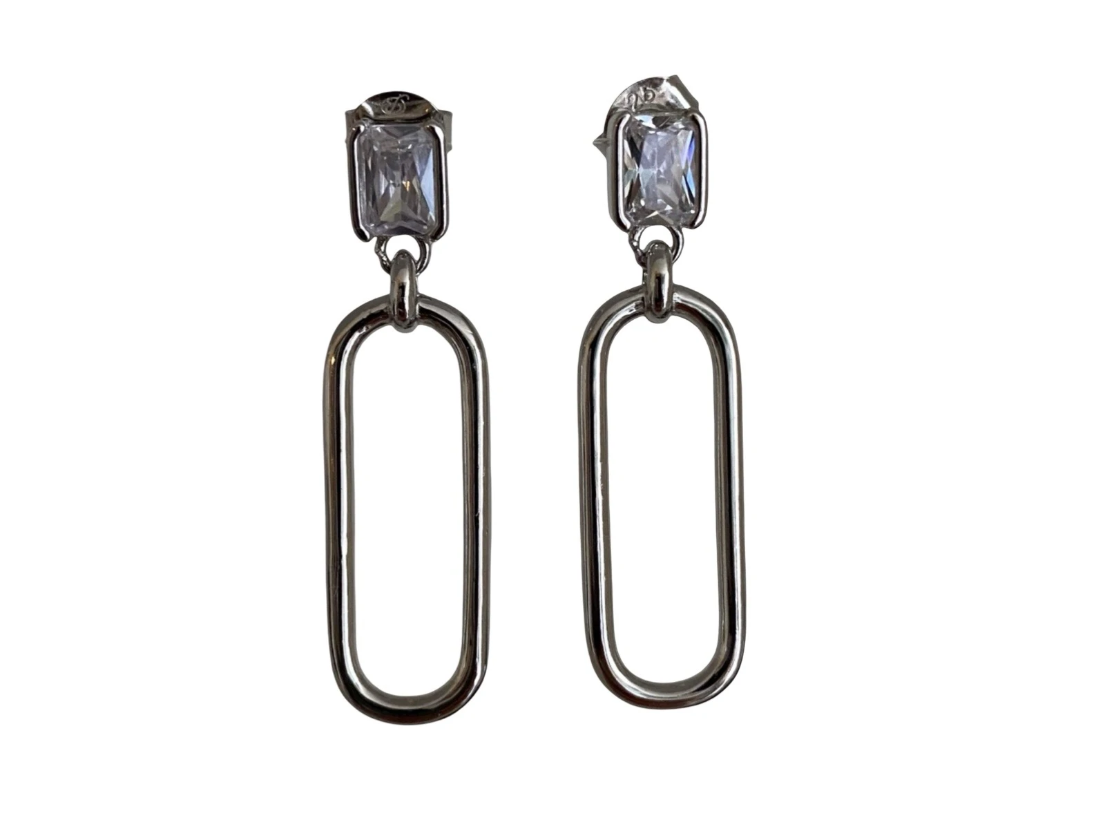 Oorhanger lang zilver met transparante steen