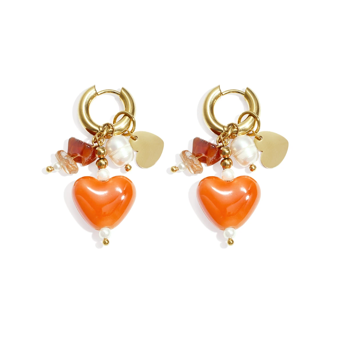 Oorbellen met kraal en hart charms|Oranje