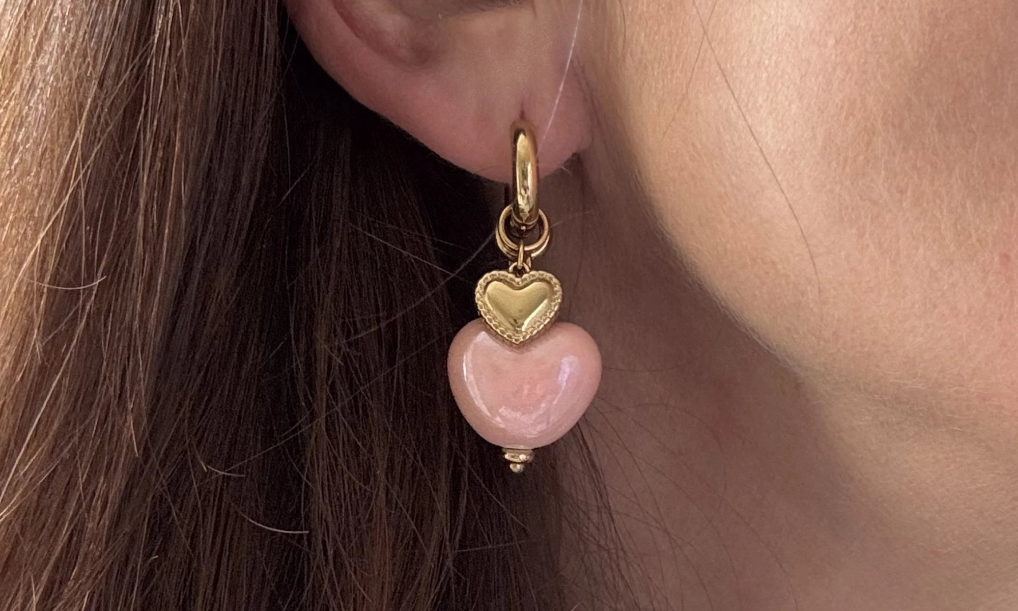 Earrings with Heart Pendant and Pink Beads