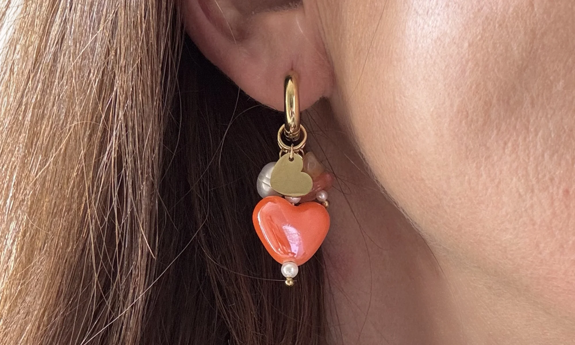 Earrings with Bead and Heart Charms | Orange