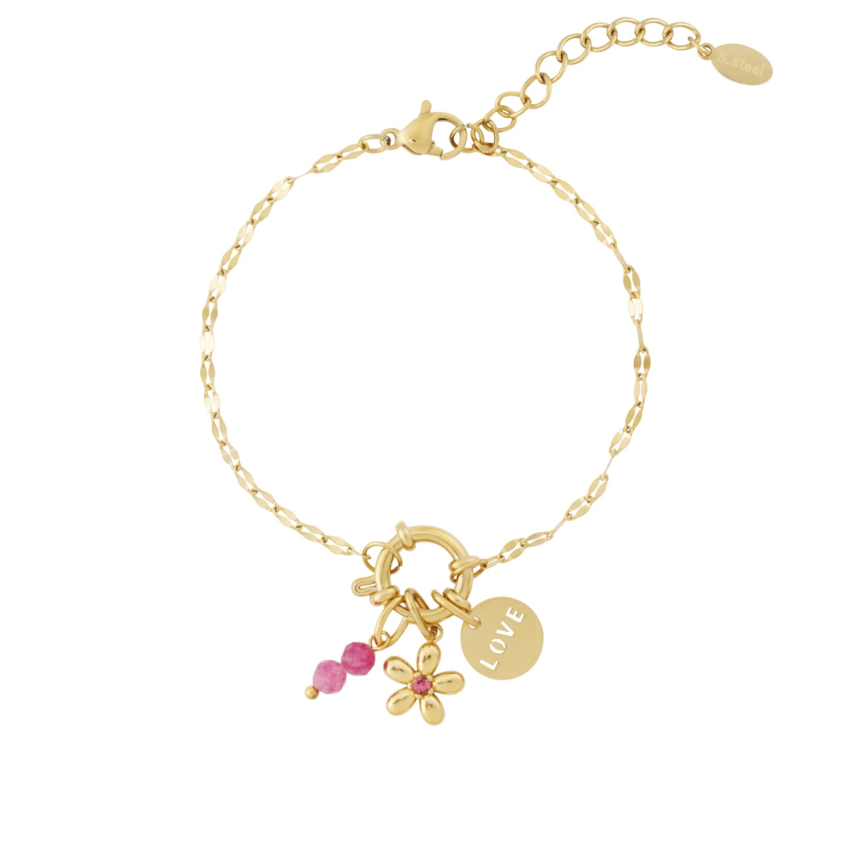 Gouden bedelarmband Spring met roze accenten en verschillende bedels - detailfoto