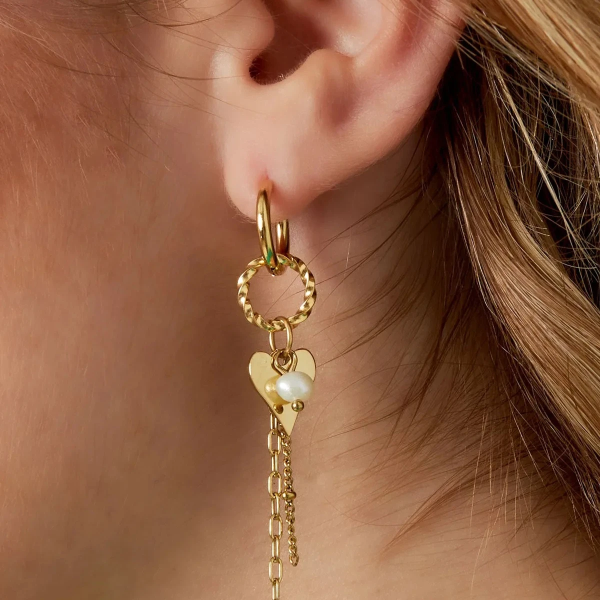 Gold Tone Heart Party Earrings with Chains
