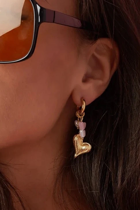 Gold Heart Hoop Earrings with Beads