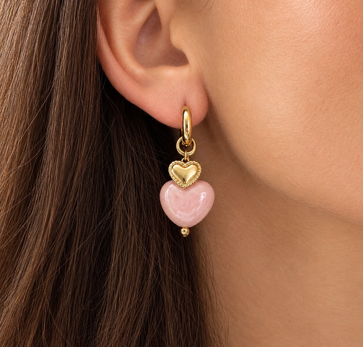 Earrings with Heart Pendant and Pink Beads