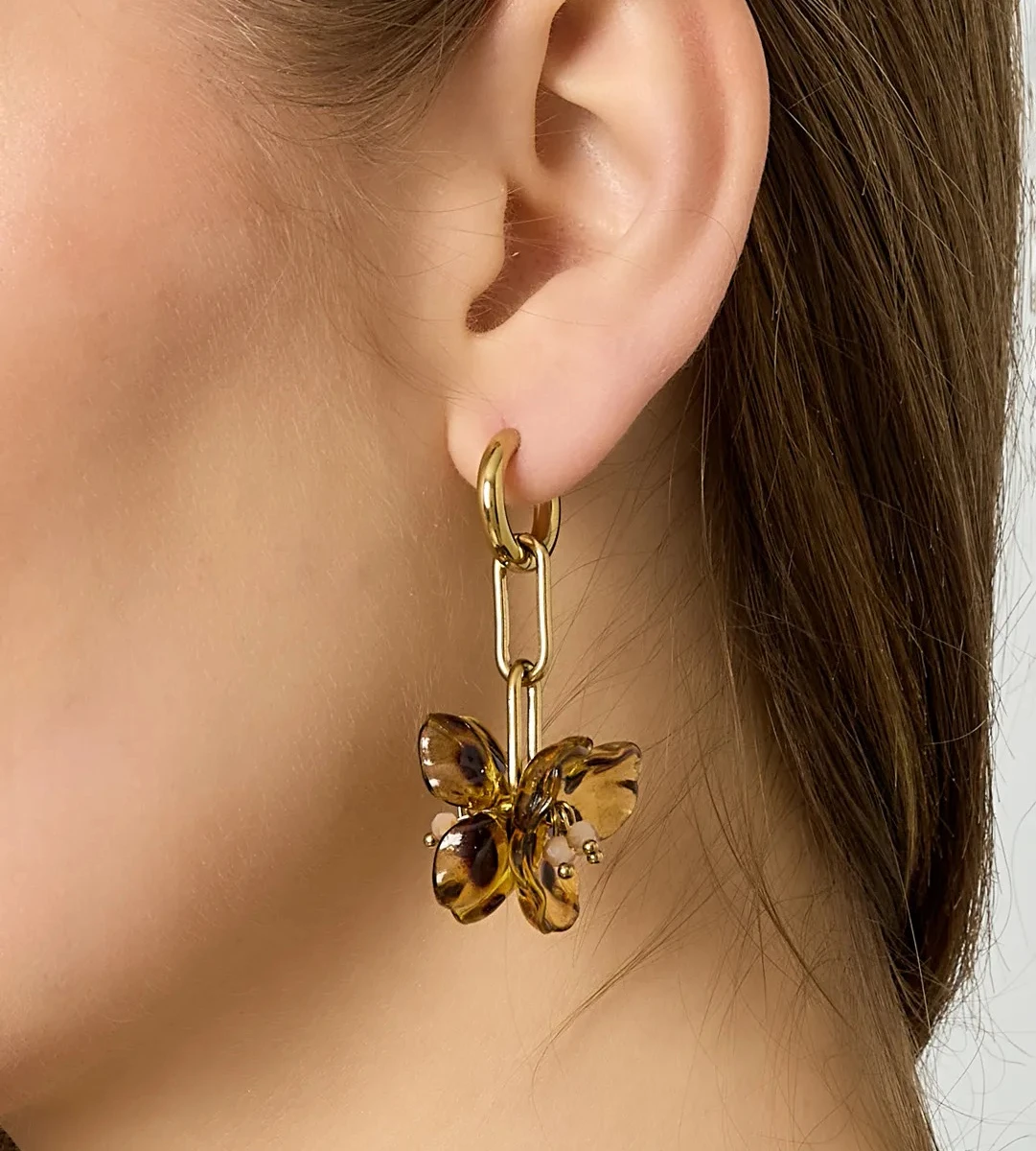 Butterfly Flower Hoop Earrings Brown